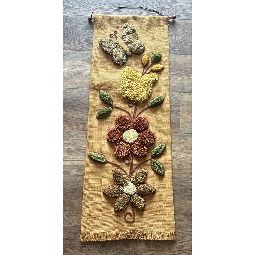 VTG 1970S Latch Hook Wall Hanging Butterfly Floral Boho Burlap Mcm‎ Textile Art